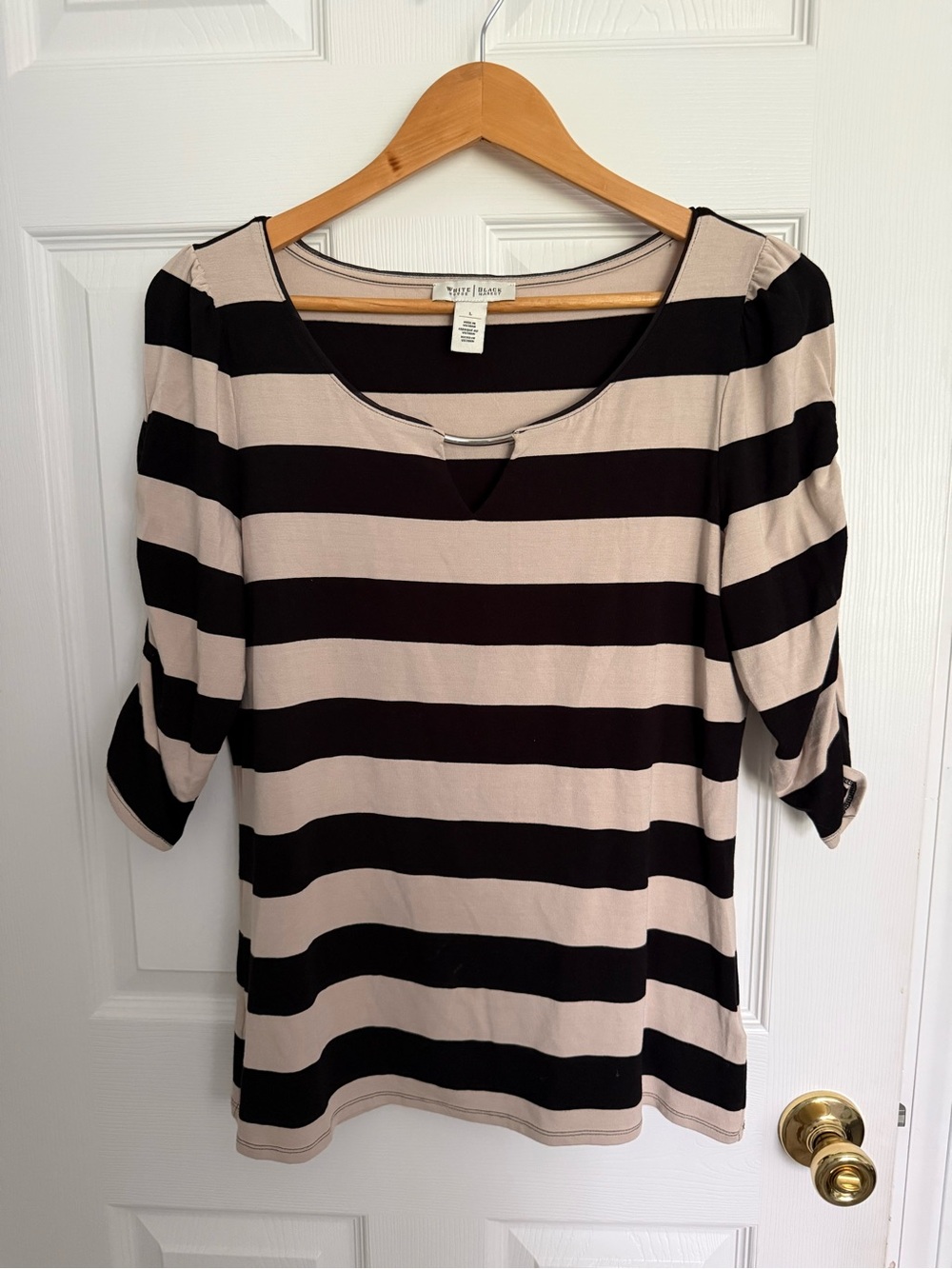 White house Black market black and Beige Striped Short Sleeve Scoop Top